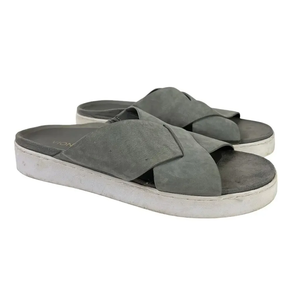 Vionic Lou Gray Wide Criss Cross Strap Slides Genuine Leather Platform Sandals 9